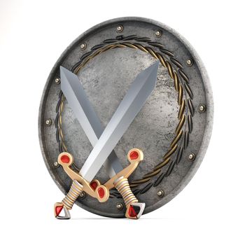 Round metal shield and swords isolated on white background. 3D illustration.