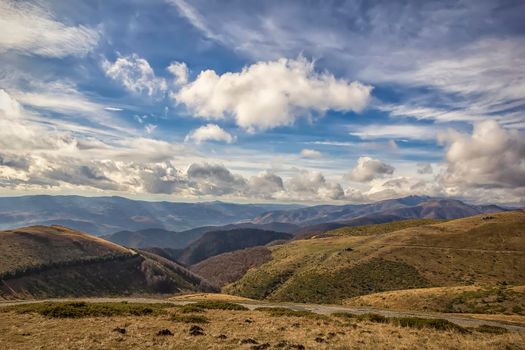 Mountain landscape. Panoramic view of a mountain and mountain road from Beklemeto, Bulgaria