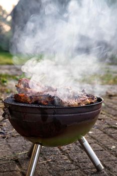 Meat on a barbecue grill with smoke. Close up. Vertical view
