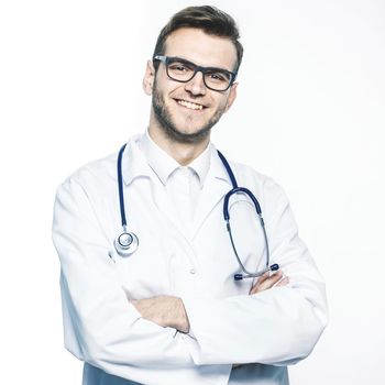 family doctor with stethoscope on white background.the photo has a empty space for your text.