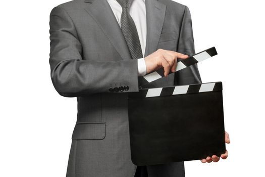 Man holding blank movie clapper board isolated on white background