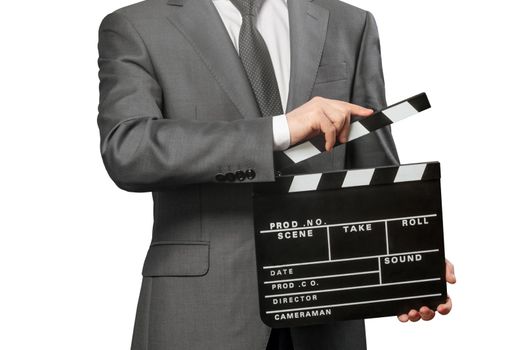 Man holding movie clapper board isolated on white background