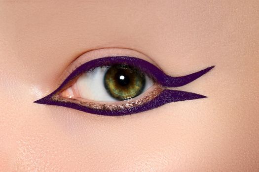 Beautiful macro shot of female eye with dark purple eyeliner makeup. Perfect shape eye liner. Cosmetics and make-up. Closeup macro shot of fashion liner eyes visage