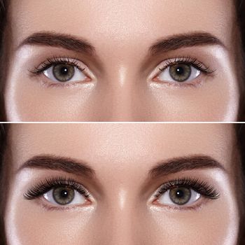 Commercial beauty college of before and after eyelash extensions. Perfect shape of eyebrows, extreme long eyelashes. Closeup macro shot of fashion eyes visage