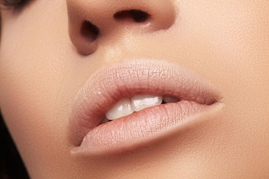 Perfect Natural Lip Makeup. Close Up Macro Photo with Beautiful Female Mouth. Plump Full Lips. Close-up Face Detail. Perfect Clean Skin, Light Fresh Lip Make-up. Beautiful Spa Tender Lips