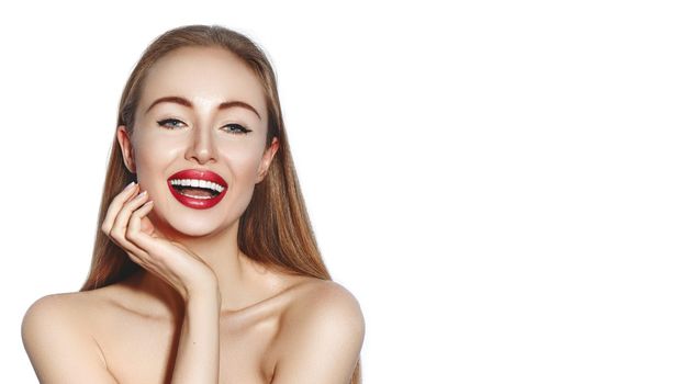 Sexy smiling woman with Glamour Red Lips, bright Makeup, clean Skin. Smile with White Teeth. Happy Fashion Girl on white background