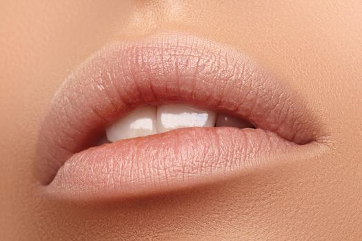 Perfect Natural Lip Makeup. Close Up Macro Photo with Beautiful Female Mouth. Plump Full Lips. Close-up Face Detail. Perfect Clean Skin, Light Fresh Lip Make-up. Beautiful Spa Tender Lips