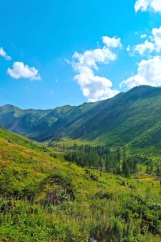 A picturesque beautiful green valley in the mountains on a sunny day