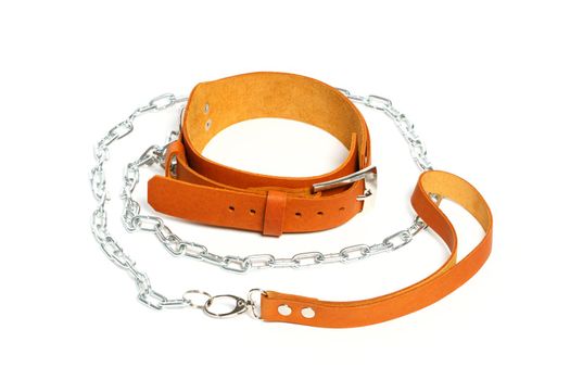 Light brown leather fetish collar with leash isolated on white background