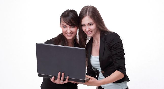 two successful employees looking at laptop screen.photo with copy space.