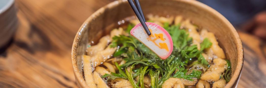 Korean noodles in a bowl ready for dinner. BANNER, LONG FORMAT