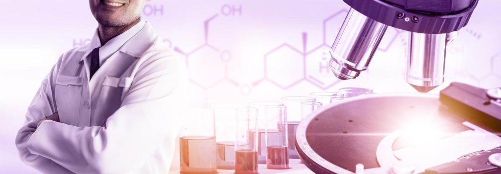 Research and development concept. Double exposure image of scientific and medical lab instrument, microscope, test tube and glass flask for microbiology and chemistry in laboratory for medicine study.