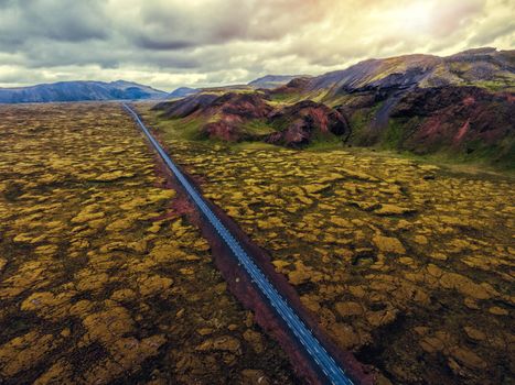 Aerial view of mossy lava field in Iceland, Europe.