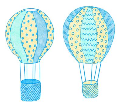 Watercolor hand drawn illustration of blue yellow cute balloons. Boy baby shower design for invitations greeting party, nursery clipart is soft pastelcolors modern minimalist print for kids children