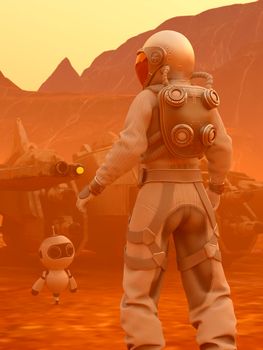 Astronaut and small robot at the spacewalk on a desert planet with spaceship at the back - 3d rendering.