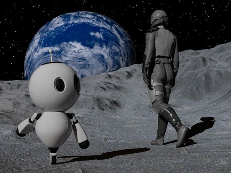 Astronaut and small robot at the spacewalk on the moon looking at the earth. 3d rendering.