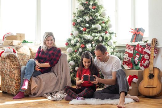 Family decorating a Christmas tree.