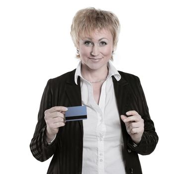 successful business woman showing credit card .isolated on white .photo with copy space