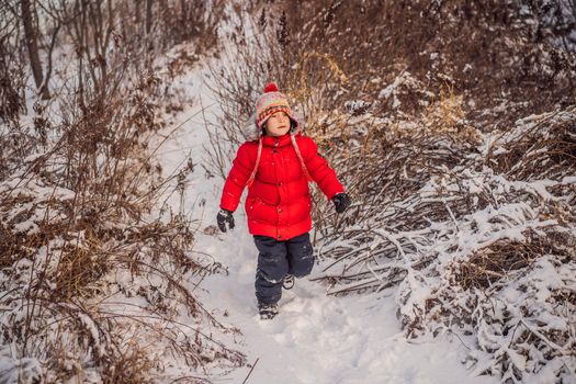 Cute boy in red winter clothes runs fun in the snow. Winter Fun Outdoor Concepts.