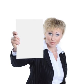 confident business woman showing blank sheet.business concept