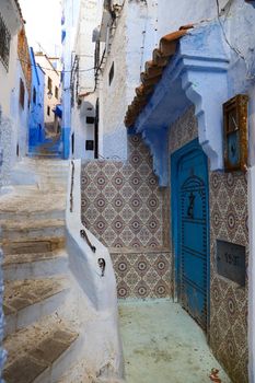A Street in Blue Chefchaouen City, Morocco
