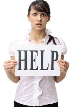 closeup. business woman showing poster with the word help. isolated on white background