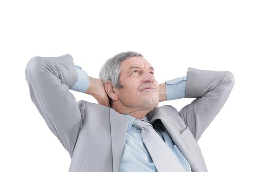successful Mature businessman sitting on an office chair. isolated on white background