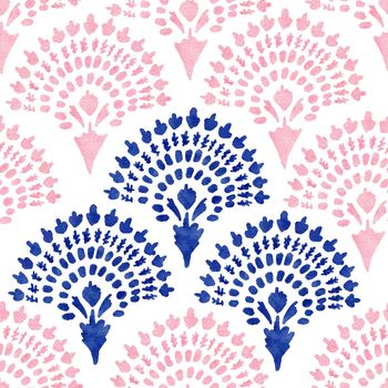 Hand drawn watercolor seamless pattern with navy blush boho elements. Bohemian blue pink fabric print, indigo rose geometric abstract shapes, ethnic design. For wedding invitation, gender reveal cards decor wallpaper