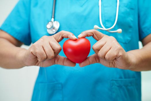 Asian woman doctor holding red heart for health in hospital.