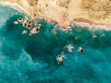 Aerial view from drone of amazing nature background. Azure coastline with rocky mountains and clear water of Mediterranean sea at sunny day.