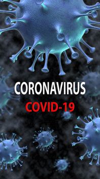 Coronavirus disease COVID-19 medical web banner with SARS-CoV-2 virus molecule and text on a background. World pandemic 2020. Vertical 3D illustration.