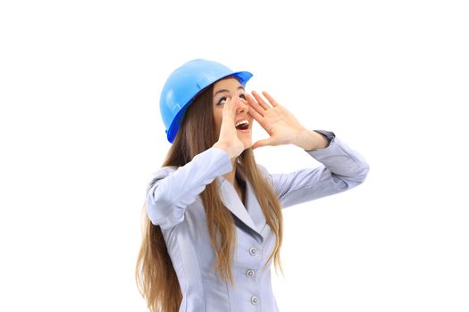 The beautiful business woman the engineer on a white background