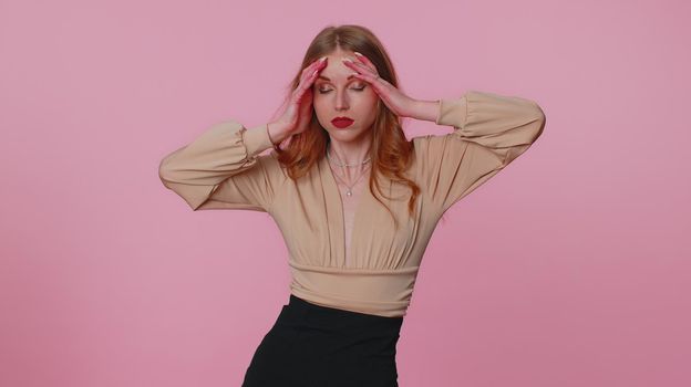 Upset frustrated annoyed businesswoman girl raising hands in indignant expression, quarreling, asking reason of conflict, why such stubborn. Young adult woman isolated alone on pink studio background
