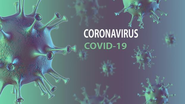 Coronavirus disease COVID-19 medical web banner with SARS-CoV-2 virus molecule and text on a background. World pandemic 2020. Horizontal 3D illustration.