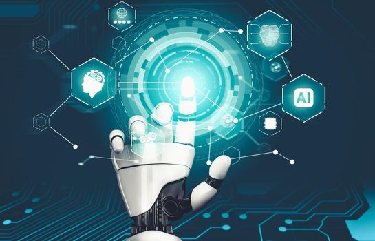 3D rendering futuristic droid robot technology development, artificial intelligence AI, and machine learning concept. Global robotic bionic science research for future of human life.