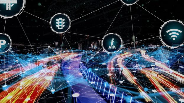 Smart transport technology concept for future car traffic on newish city road . Virtual intelligent system makes digital information analysis to connect data of vehicle on city street .