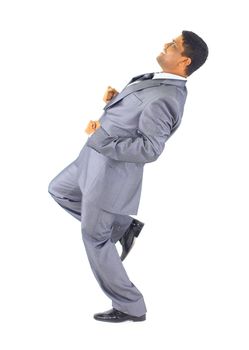 Businessman runs up the career ladder. Isolated on white background