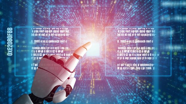 Futuristic robot artificial intelligence revolutionary AI technology development and machine learning concept. Global robotic bionic science research for future of human life. 3D rendering graphic.