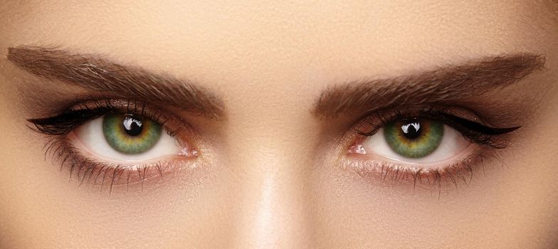 Beautiful macro shot of female eye with classic smoky makeup. Perfect shape of eyebrows, brown eyeshadows and long eyelashes.Closeup macro shot of fashion smoky eyes visage. Before and after