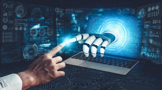 3D rendering artificial intelligence AI research of droid robot and cyborg development for future of people living. Digital data mining and machine learning technology design for computer brain.