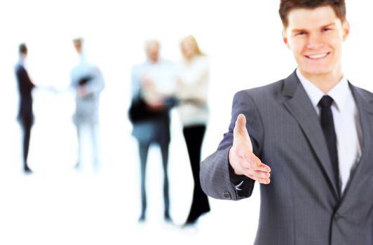 A business man with an open hand ready to seal a deal