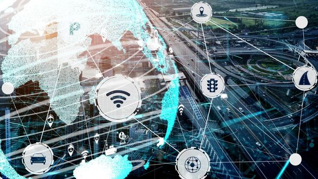Smart transport technology concept for future car traffic on newish city road . Virtual intelligent system makes digital information analysis to connect data of vehicle on city street .