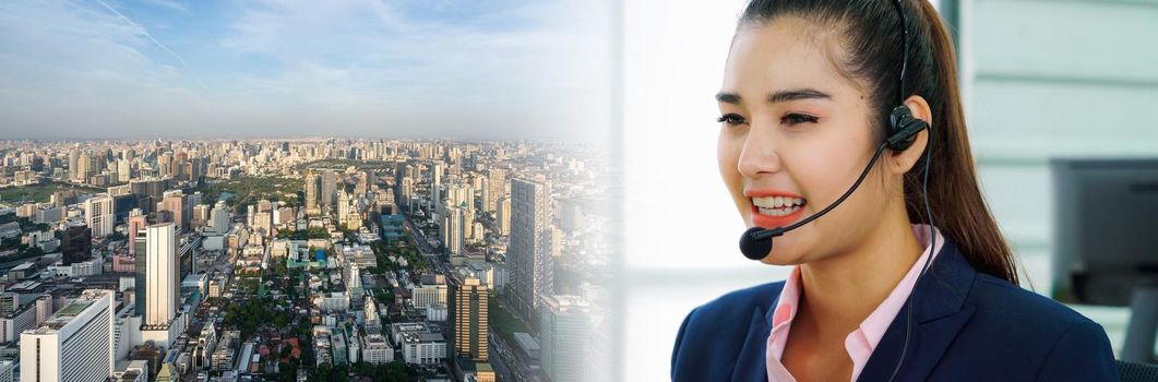 Business people wearing headset working in office in widen view to support remote customer or colleague. Call center, telemarketing, customer support agent provide service on telephone video call.