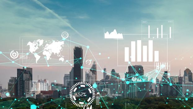 Business data analytic interface fly over smart city showing alteration future of business intelligence. Computer software and artificial intelligence are used to analyze big data for strategic plan .