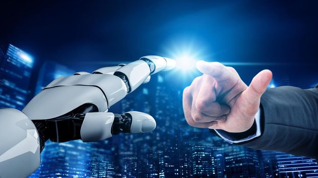 Futuristic robot artificial intelligence revolutionary AI technology development and machine learning concept. Global robotic bionic science research for future of human life. 3D rendering graphic.