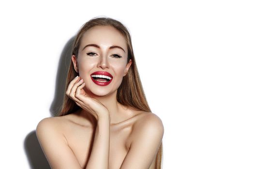 Sexy smiling woman with Glamour Red Lips, bright Makeup, clean Skin. Smile with White Teeth. Happy Fashion Girl on white background