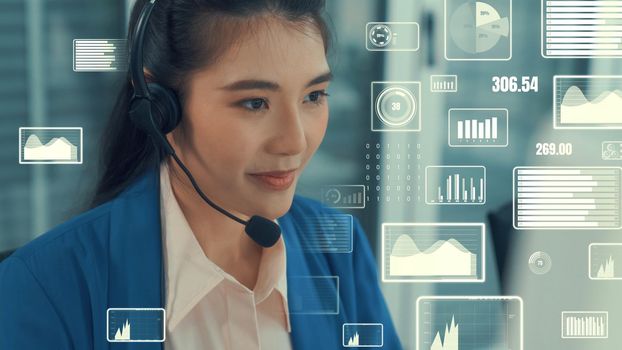 Customer support call center provide data with envisional graphic . Business and communication technology concept .