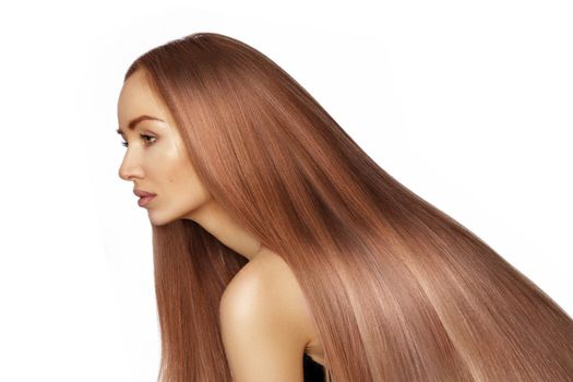 Beautiful Woman with Long Straight Shiny Hair. Volume Hairstyle with Gloss Smooth Hair. Keratin Care Treatment. Perfect Salon Treatment, Shampoo or Conditioner. Permanent Straightening, Coloring