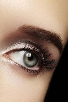 Beautiful macro shot of female eye with extreme long eyelashes and black liner makeup. Perfect shape make-up and long lashes. Cosmetics and make-up. Closeup macro shot of fashion eyes visage