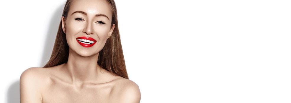 Sexy smiling woman with Glamour Red Lips, bright Makeup, clean Skin. Smile with White Teeth. Happy Fashion Girl on white background